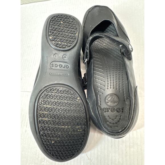 CROCS Saffron Black Leather Mary Jane Hook Loop Flat Round Toe Comfort Womens 11 - Picture 4 of 4